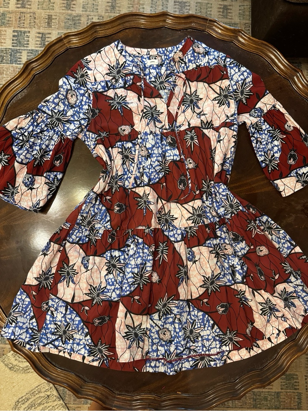 Warm Red, Blue and Cream Floral Patchwork Dress